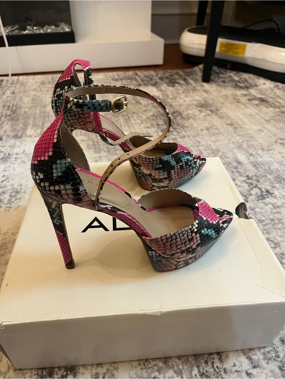 ALDO Pink and Black Snake-Print Pointed Ankle-Strap Heels - Picture 2 of 3